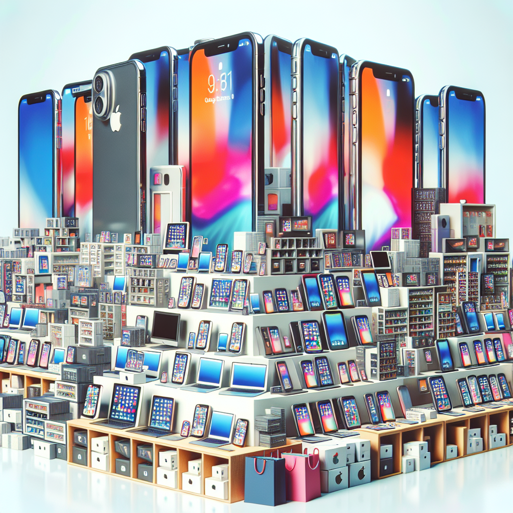 An online store's scene of hefty purchases of iPhones. Display an eclectic selection of Apple devices including various models of iPhones, iPads, Macbooks, and more. Showcase the devices in neat rows, stacked upon each other or in display stands. Emphasize the abundance and variety of the stock, implying the beneficial acquisition and wide assortment for the online store.