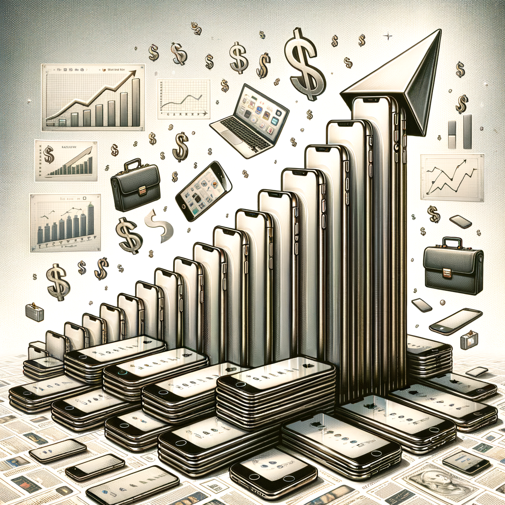 3D illustration of ascending bar charts, dollar signs, and digital devices symbolizing business growth and success.
