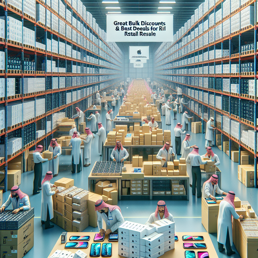 A large factory warehouse filled with neatly arranged shelves stocked with shiny, brand new iPhones. The environment screams top-tier organisation and efficiency. Workers, a mixture of men and women from diverse descents, Arabic, Asian, Caucasian and African, are engaged in the processes of packing, stacking and checking the quality of the devices. Some are filling up a variety of shipping boxes, suggesting retail resale. A large banner in the background boldly announces 'Great Bulk Discounts & Best Deals for Retail Resale'. The atmosphere is bright, busy but orderly, conveying profitable deals and offering an appealing business opportunity.