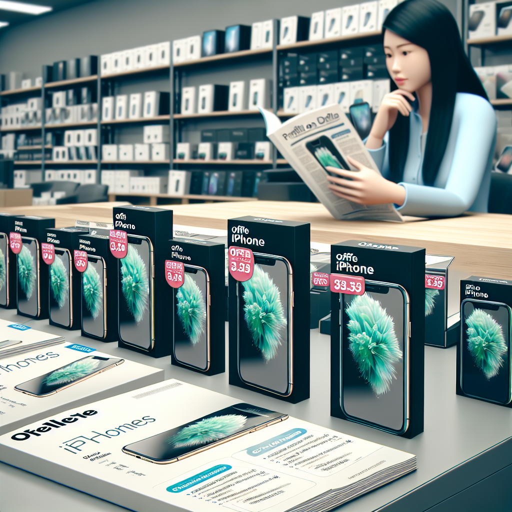 A batch of iPhones displayed neatly on a counter, representing a wholesaling perspective for an offline store. They are set against the backdrop of a well-lit, modern retail environment. Nearby, attractive price tags showcasing profitable deals are attached. An experienced Asian female shop owner is seen going through a guide book which illustrates advice on selection, contributing to the decision-making process.