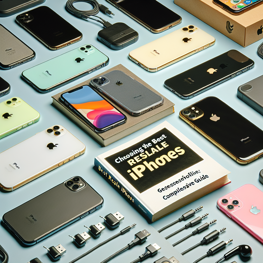 An array of various models of iPhones set out for resale, presented in mint condition. Accessory products such as charging cables, cases, and headphones are also displayed in an organized fashion. As part of the scene, there is a guidebook lying open, titled 'Choosing the Best Resale iPhones: Comprehensive Guide', which features detailed instructions, tips, and precautions to avoid mistakes in choosing profitable resale products.