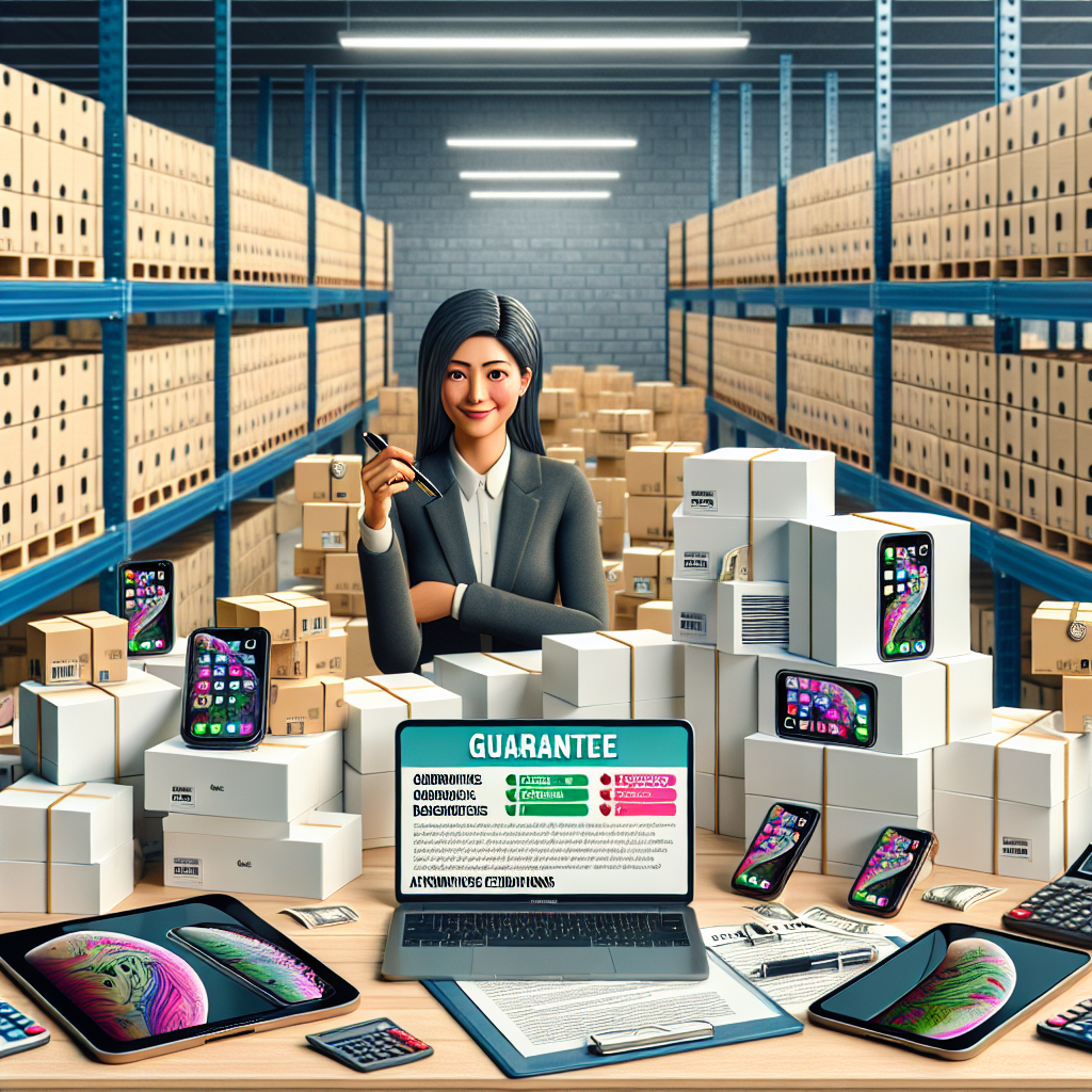 Warehouse manager checking bulk used iPhones with warranty papers for marketplace sales in an electronics storage room.