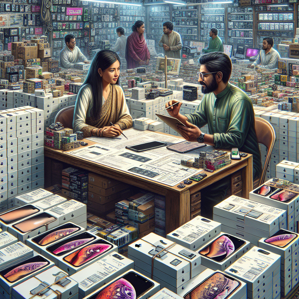 Busy electronics store with customers and staff among shelves of iPhone boxes and accessories.