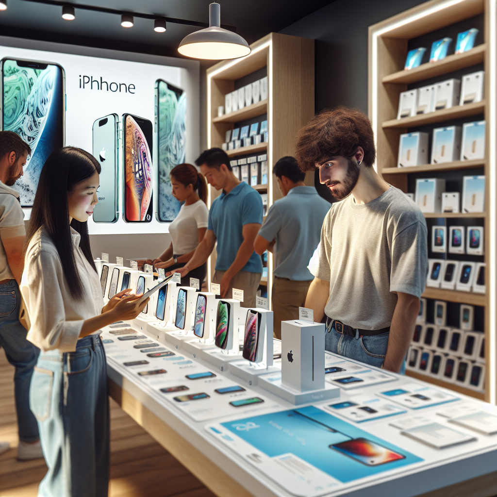 Customers testing the latest iPhone models in a bright, modern retail store.
