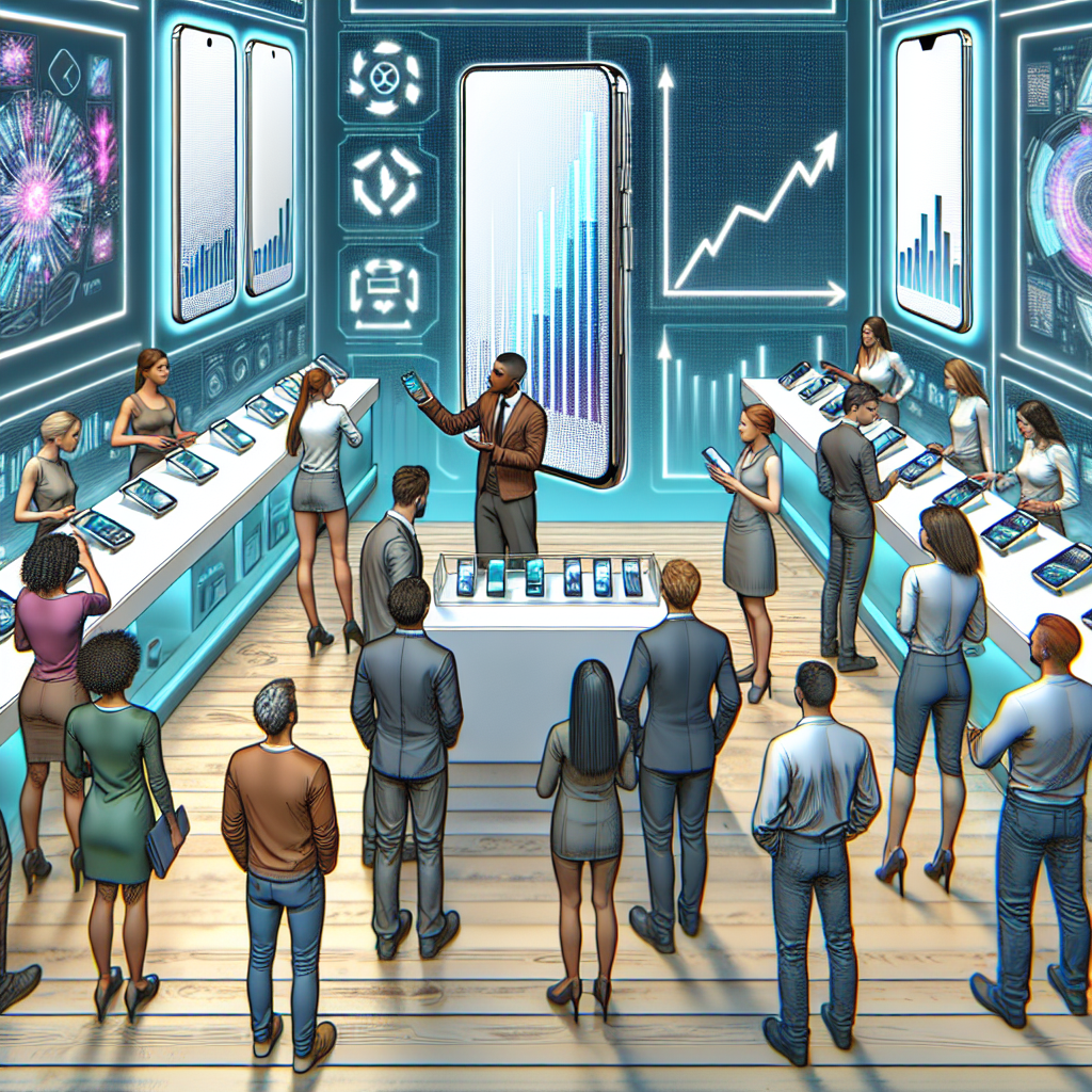 Business professionals at a tech event viewing digital data displays about new iPhones for 2026 sales.