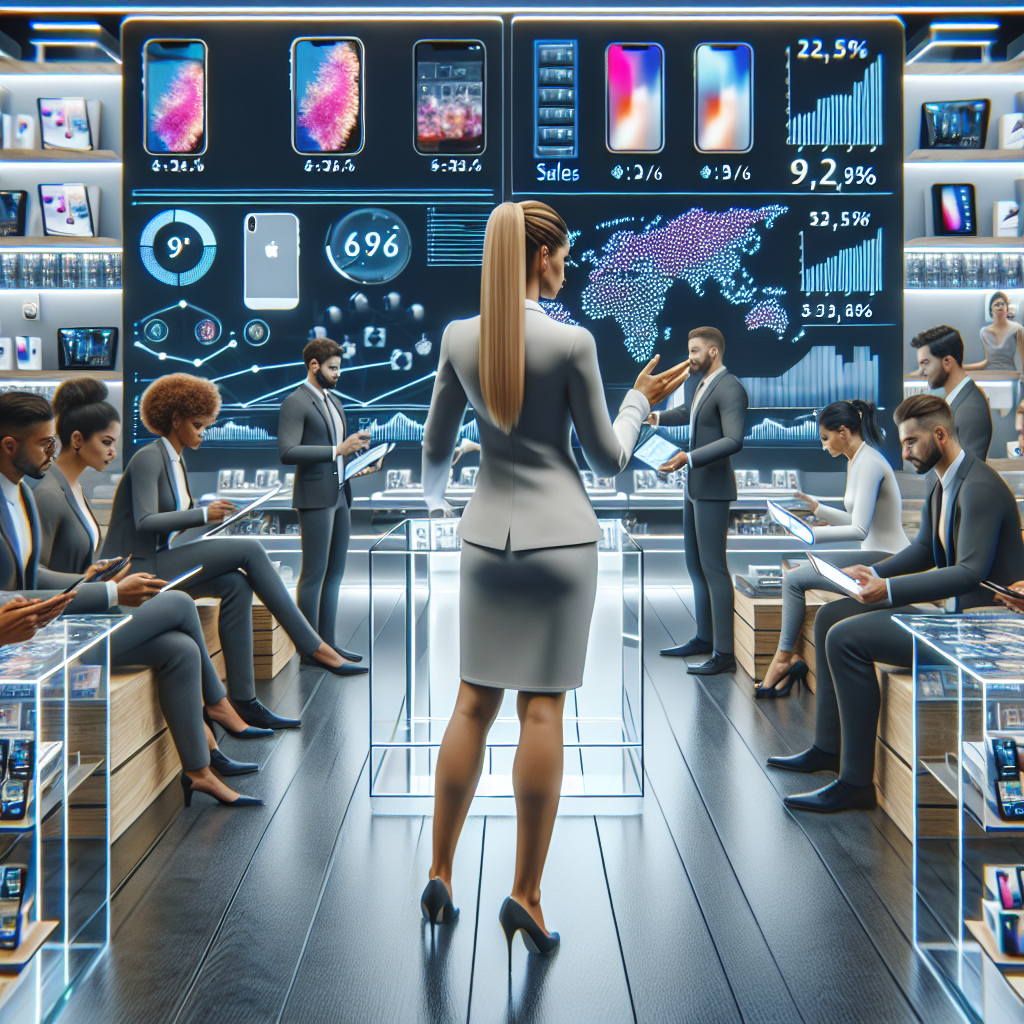 Business professionals analyzing iPhone sales data in a high-tech conference room, planning delegation strategies for 2026.