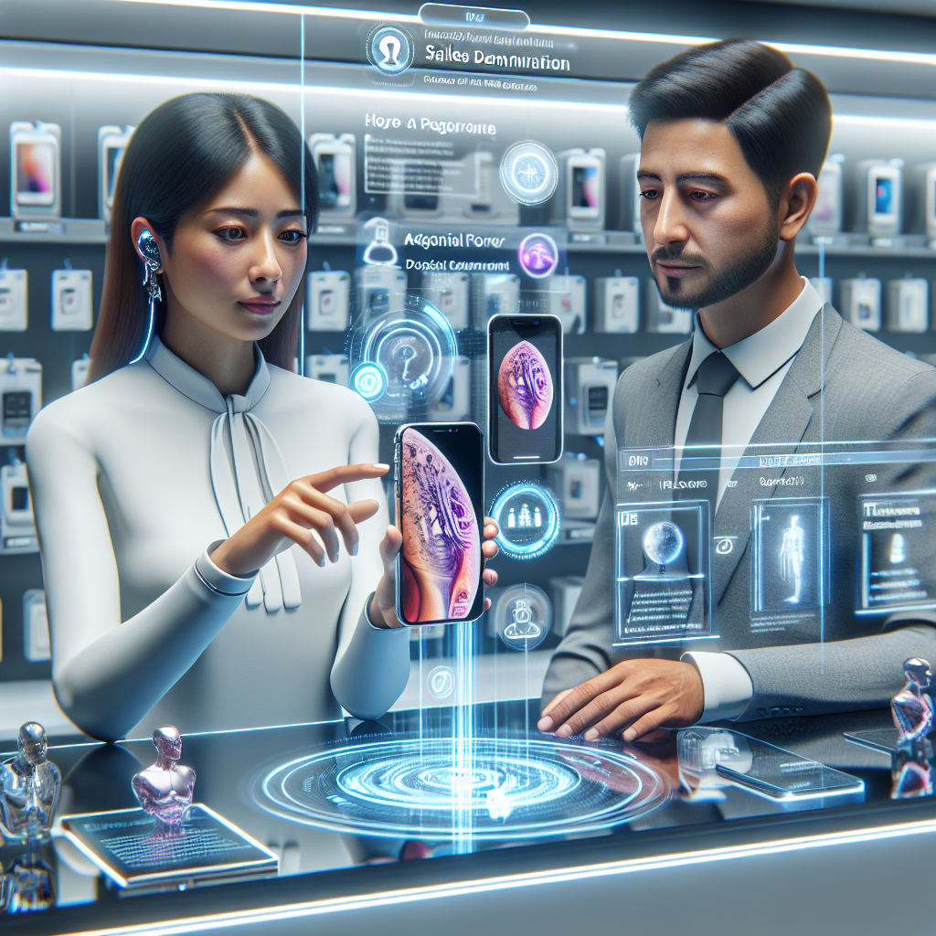 Two professionals analyze iPhone data using futuristic holographic technology in a sales setting.