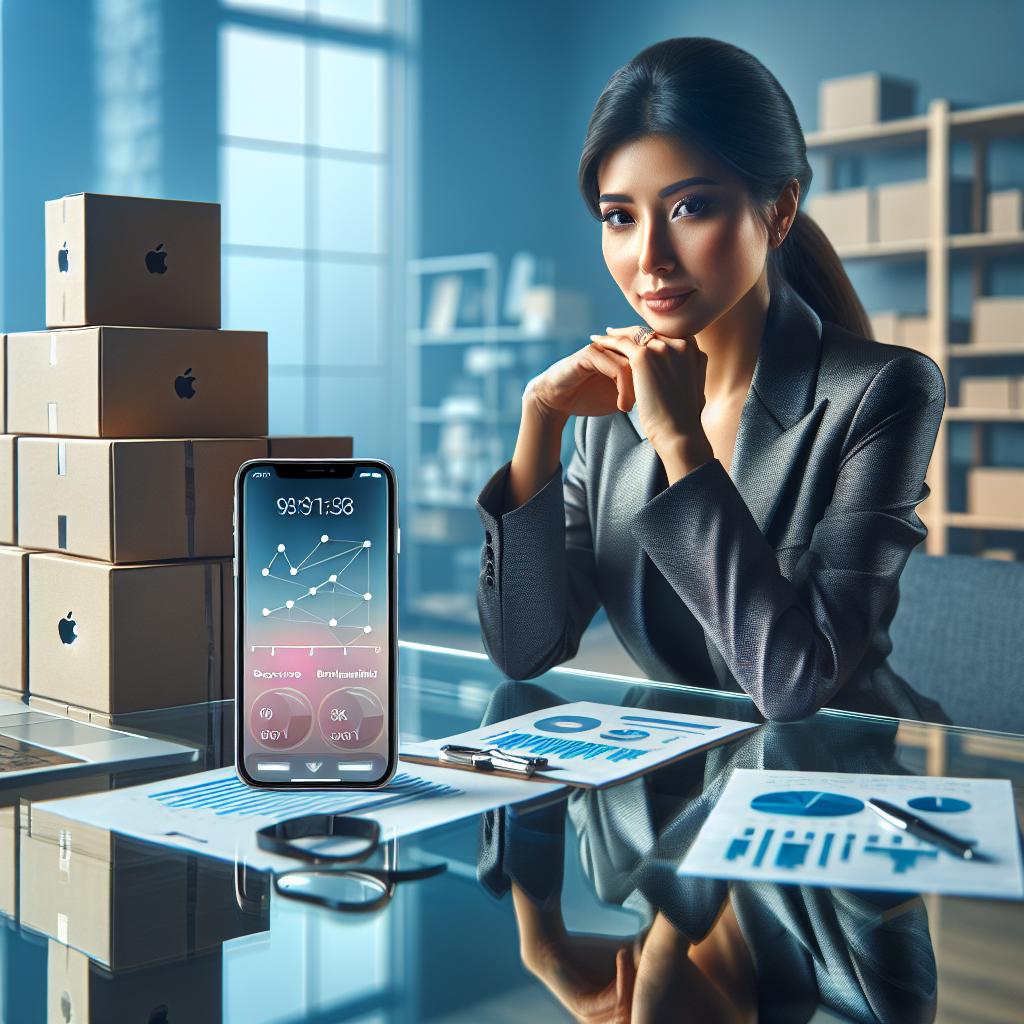 Молодая бизнесвумен анализирует данные продаж iPhone на смартфоне с гр