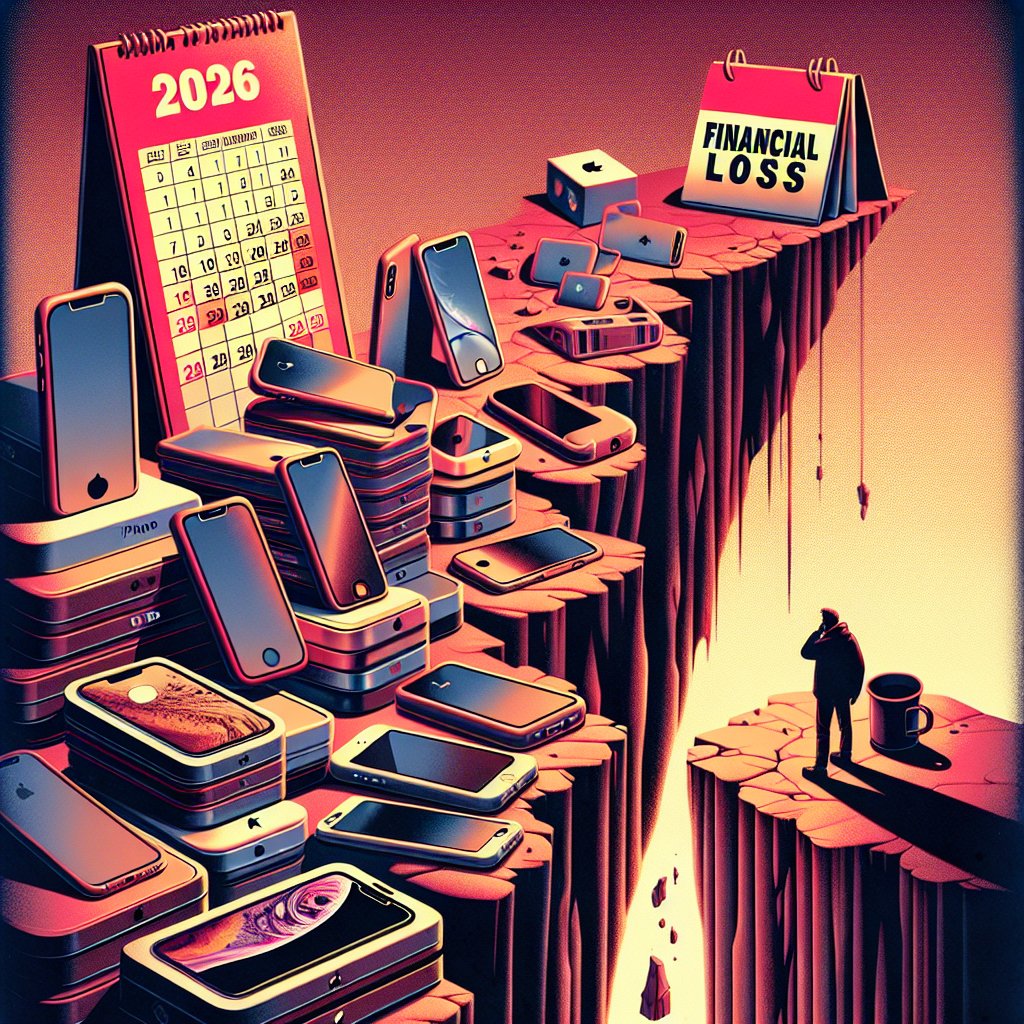 Precarious cliff of stacked iPhones and 2026 calendars symbolizing financial loss from illiquid iPhone models.