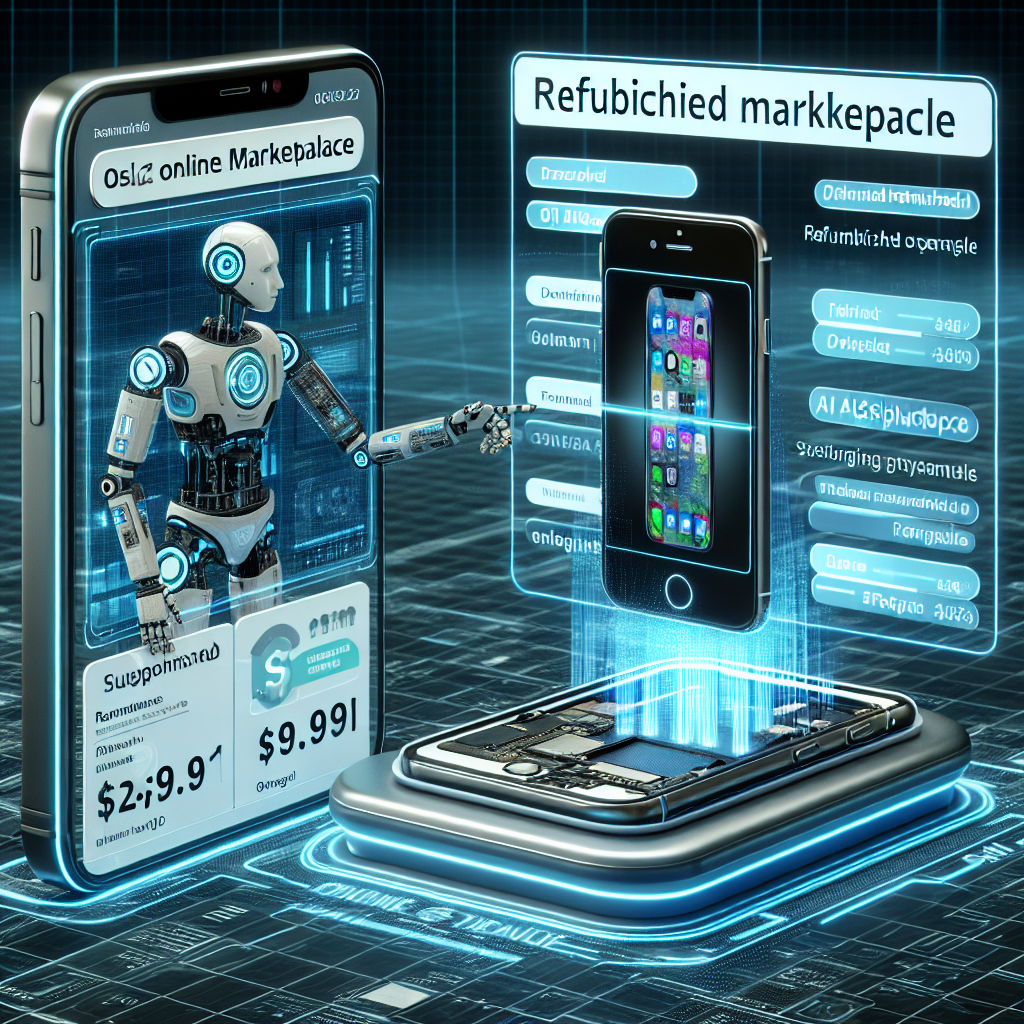 An image representing the sale of refurbished smartphones, particularly iPhones, through online marketplaces in the year 2026. The scene showcases a futuristic virtual online marketplace platform, with holographic displays and AI assistant suggesting optimal pricing strategies. The image also includes a detailed layout of the refurbished iPhone, demonstrating its pristine condition. The backdrop should suggest a successful and profitable trade scenario associated with online sales.