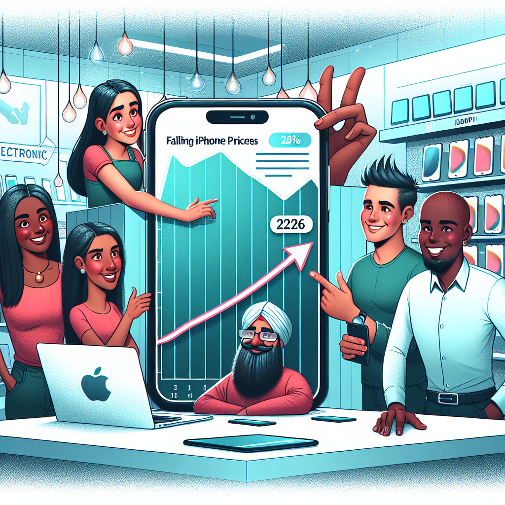 Diverse people analyzing rising iPhone sales chart in a modern electronics store in 2026.