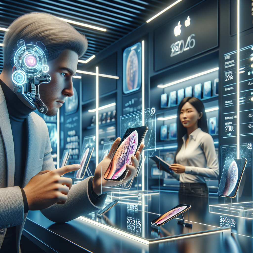 Create a futuristic image showcasing the year 2026. The image should depict the inside of a tech retail store with top-notch devices including the latest iPhone on display. A Caucasian male customer, sporting trendy clothes, is attentively inspecting the iPhone, being captivated by its design and features. In the background, an Asian female sales professional is seen interacting with another customer, explaining the unique selling points of the device. The store's ambiance should be comforting with effective lighting, promoting overall positive user experience and hinting at profitable sales.
