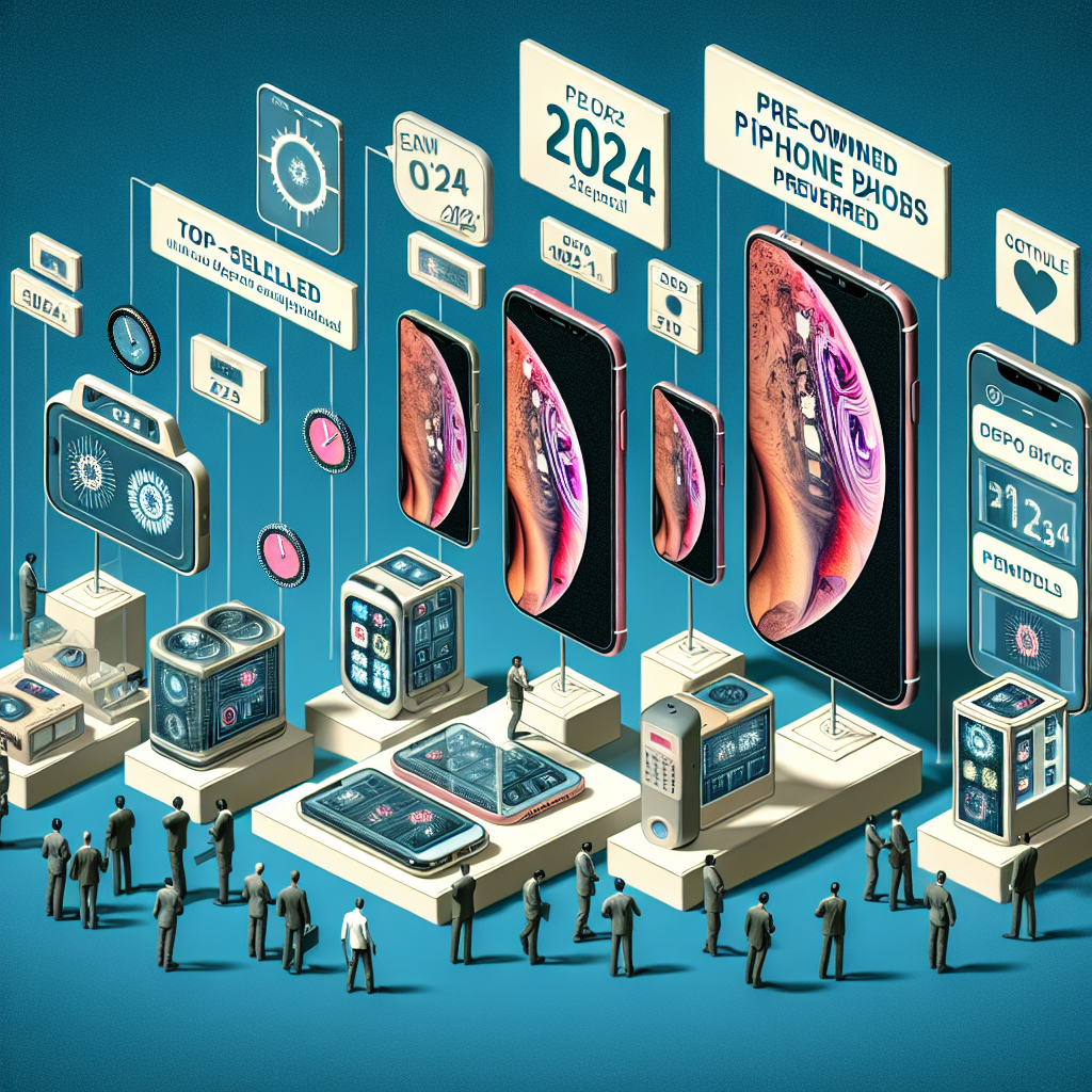 3D illustration of a futuristic marketplace displaying pre-owned iPhones and tech gadgets with digital price tags.