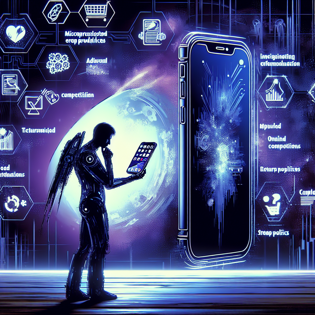 Киборг взаимодействует с гигантским смартфоном и голографическими