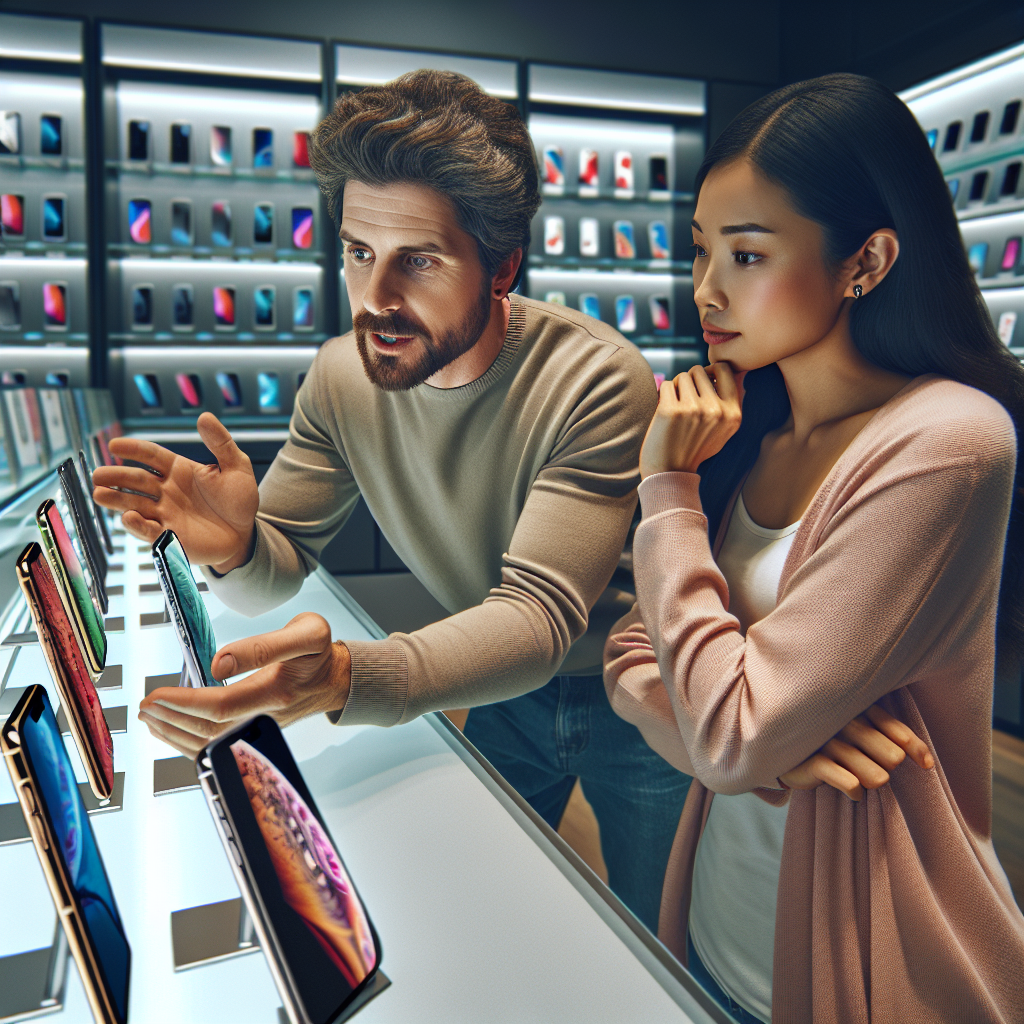 Three customers examining iPhones in a bright, modern electronics store discussing phone features.