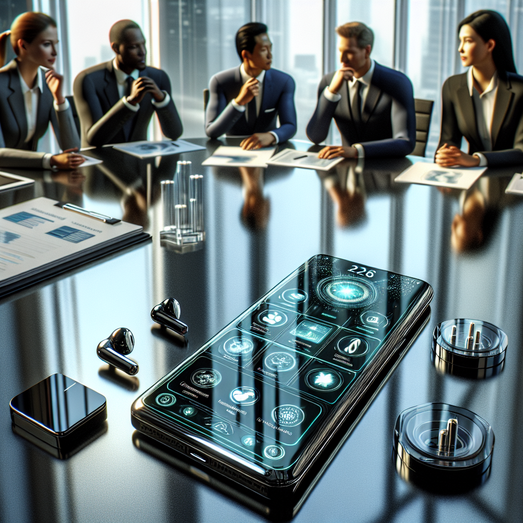 A detailed scene in which an advanced future smartphone, potentially the 2026 edition, is displayed on a sleek glass table within a professional business environment. The screen of the device showcases various sophisticated applications tailored for enterprise use. Additional accessories such as wireless earbuds and a charging dock are neatly arranged next to the smartphone. Executives of various genders and descents, including Caucasian, Hispanic, Black, and Middle-Eastern, are observing the device with interest and discussing its features and potential use in their business.