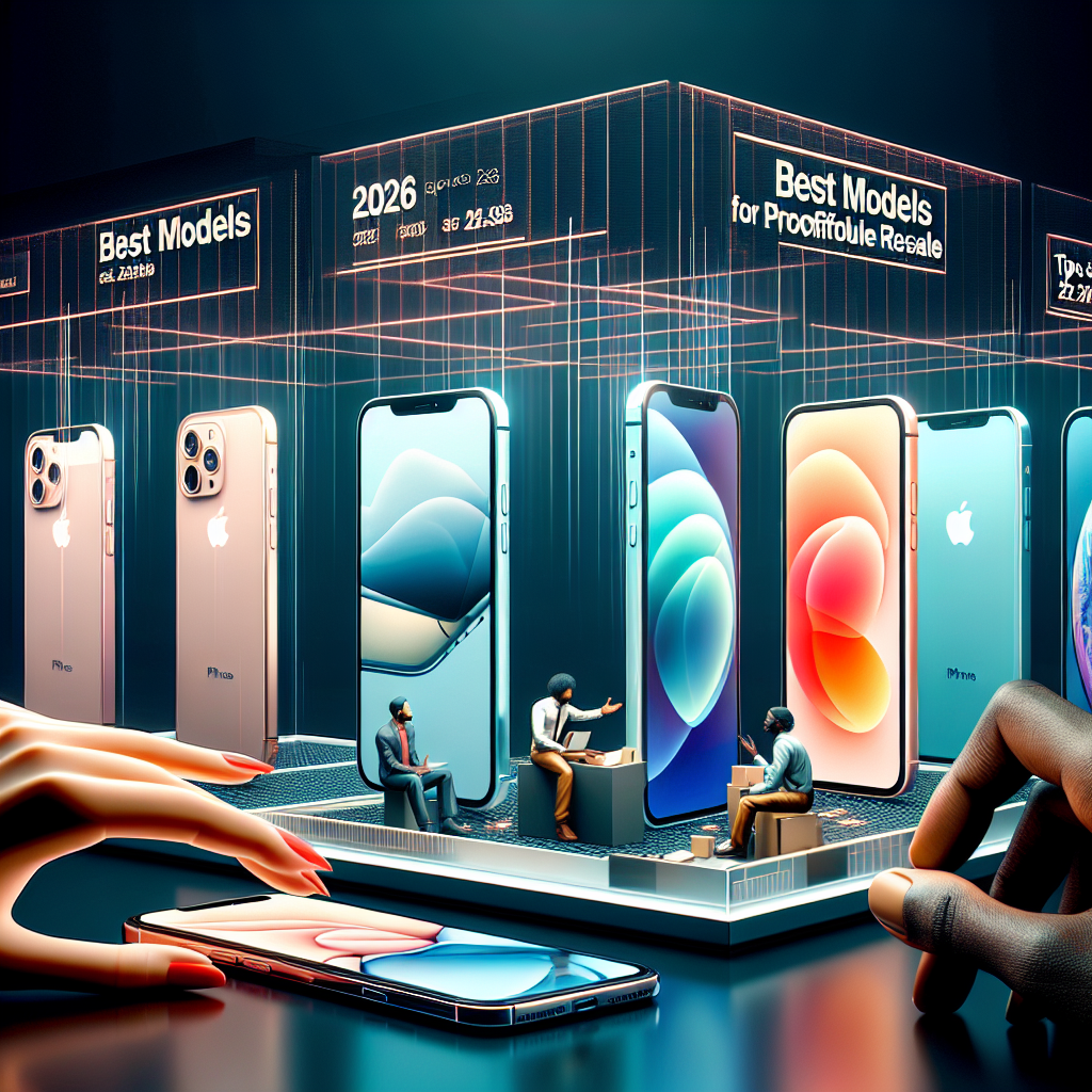An image depicting the latest 2026 iPhone models, aesthetically arranged, spotlighting their sleek design and advanced features, placed side by side with a well-lit backdrop. In the foreground there are hands of a South Asian woman, demonstrating one of the models, while a Black man is seen discussing or negotiating prices, indicating a scene of profitable resale. Superimposed text exclaims 'Best models and tips for profitable resale', to convey the theme of the article.
