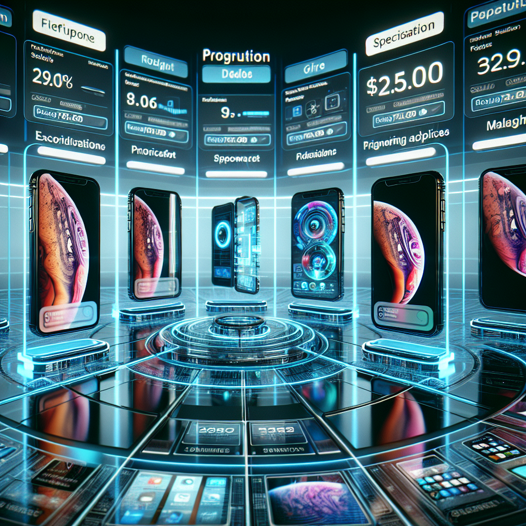 A futuristic vision of an online marketplace in 2026 offering the latest iPhone models, displaying their sleek designs, prominent features, and best deals. The image should capture the vivid screens and innovative designs of the futuristic iPhone, perhaps including elements like an advanced camera system, sophisticated software, and pioneering applications. The marketplace is inviting, with clear typography detailing price reductions and special offers, and an intuitive, user-friendly interface. The ambiance should suggest progress, curiosity, and the promise of technological innovation.