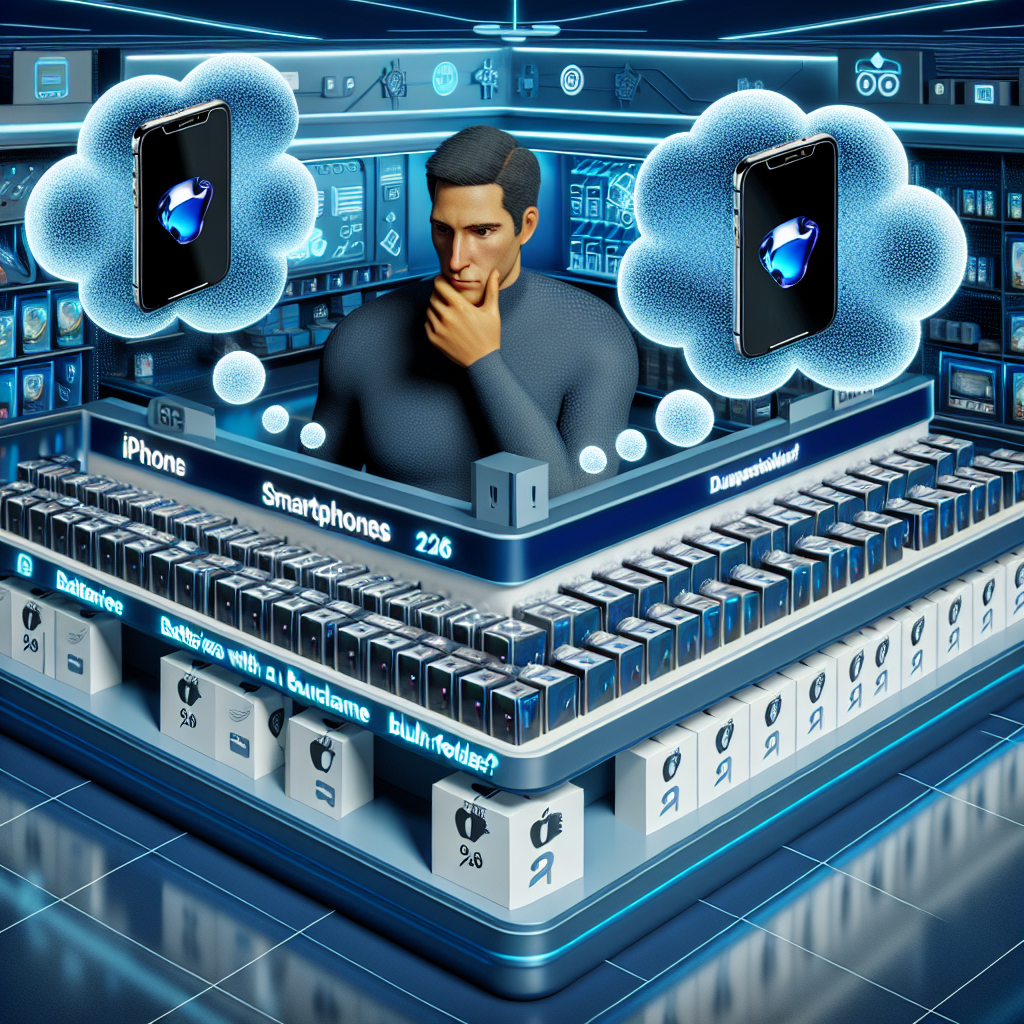 3D illustration of a man comparing different iPhone models in a futuristic digital store.