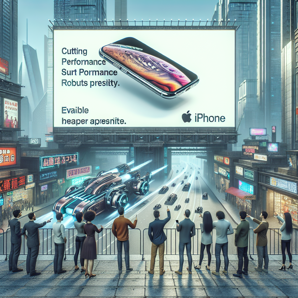 Футуристический город с огромным билбордом iPhone и людьми, смотрящими