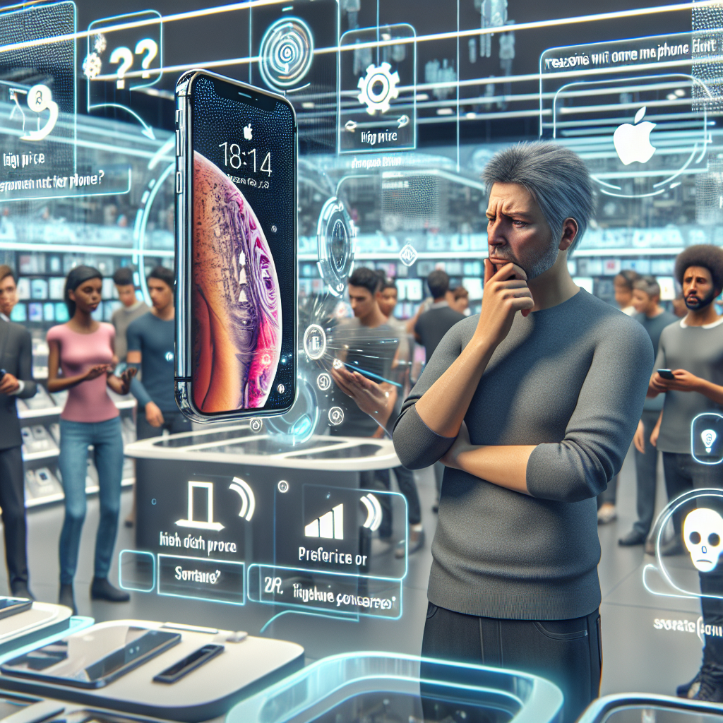 A conceptual image depicting a confused and thoughtful customer in an electronics store in 2026. The customer, a middle-aged Caucasian man, is looking at a futuristic smartphone but appears hesitant. Next to him, a display advertising the latest iPhone model hovers in digital form. Around the store, other customers of various descents and genders are exploring different tech products. In the background, a chart on a holographic screen demonstrates the main reasons why some customers decide not to purchase iPhones. This includes icons representing high price, preference for other brands, or software concerns.