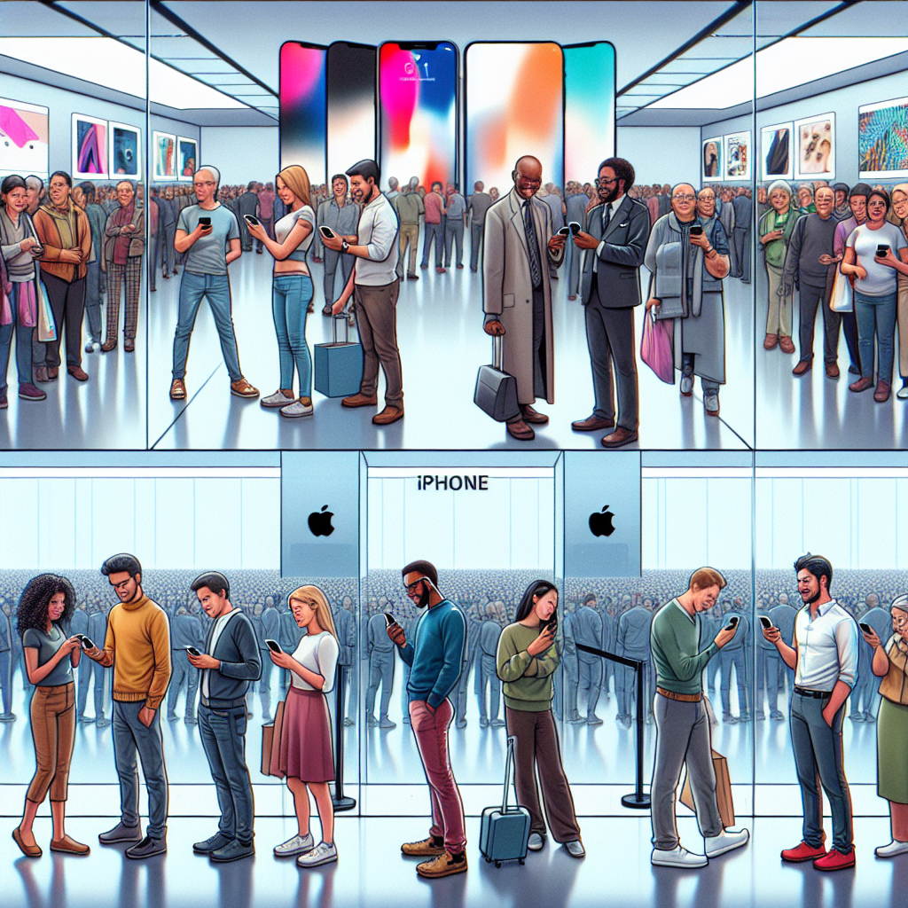 Crowded Apple Store with diverse customers exploring and queuing for the latest iPhone models in 2026.