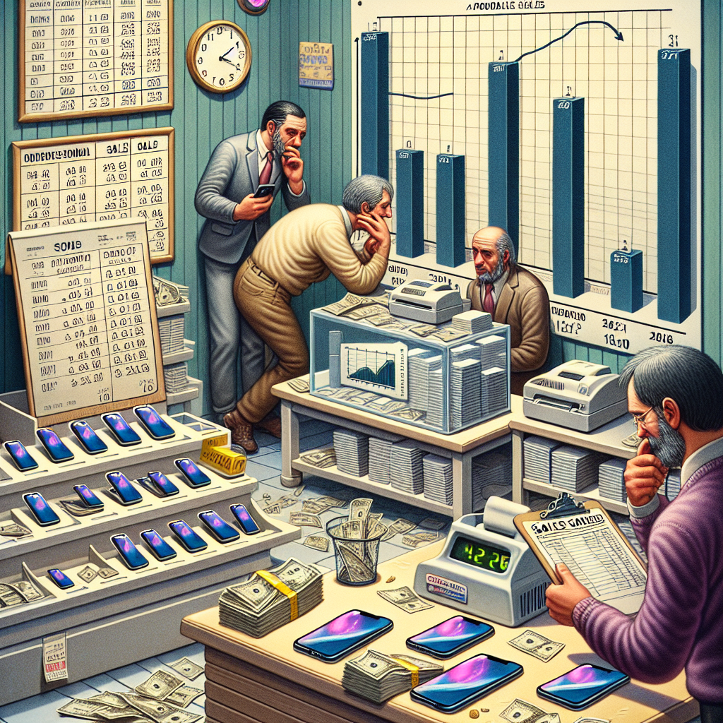 An observational illustration showing a hypothetical market scenario in the year 2026. It presents various iPhone retailers, who are disheartened, puzzled, and are rifling through papers, trying to comprehend their financial status. Their balance sheets and sales charts indicate a visible decline in profits despite high sales. Stack of unsold iPhones, cash register with less money, and dwindling customers in the shop are also shown to communicate the loss of profit. The background reveals calendars and wall clocks, subtly indicating the specified year. The image captures the enigma of their nonlinear business earnings.
