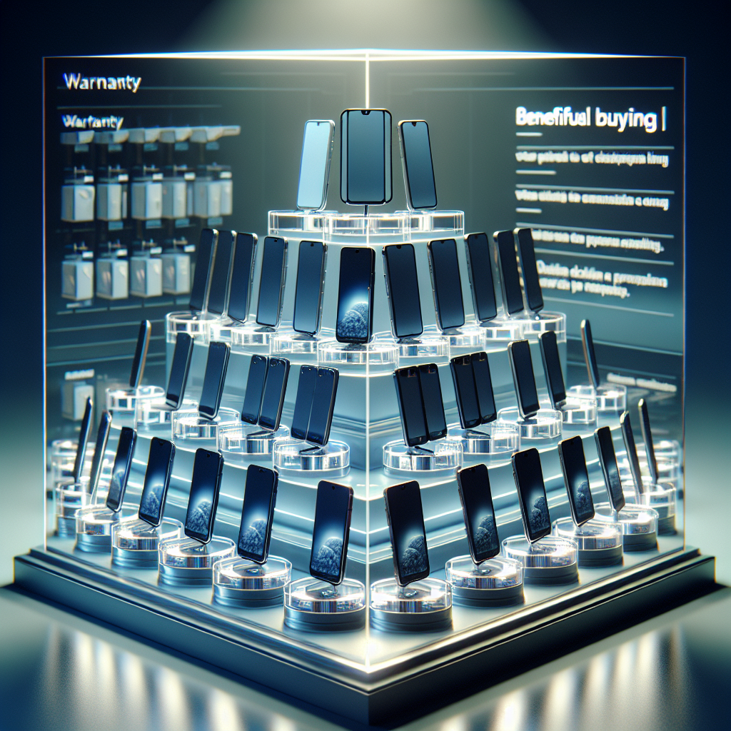 3D pyramid of multiple smartphones showcasing warranty and advantageous purchase terms for wholesale Ref iPhones.