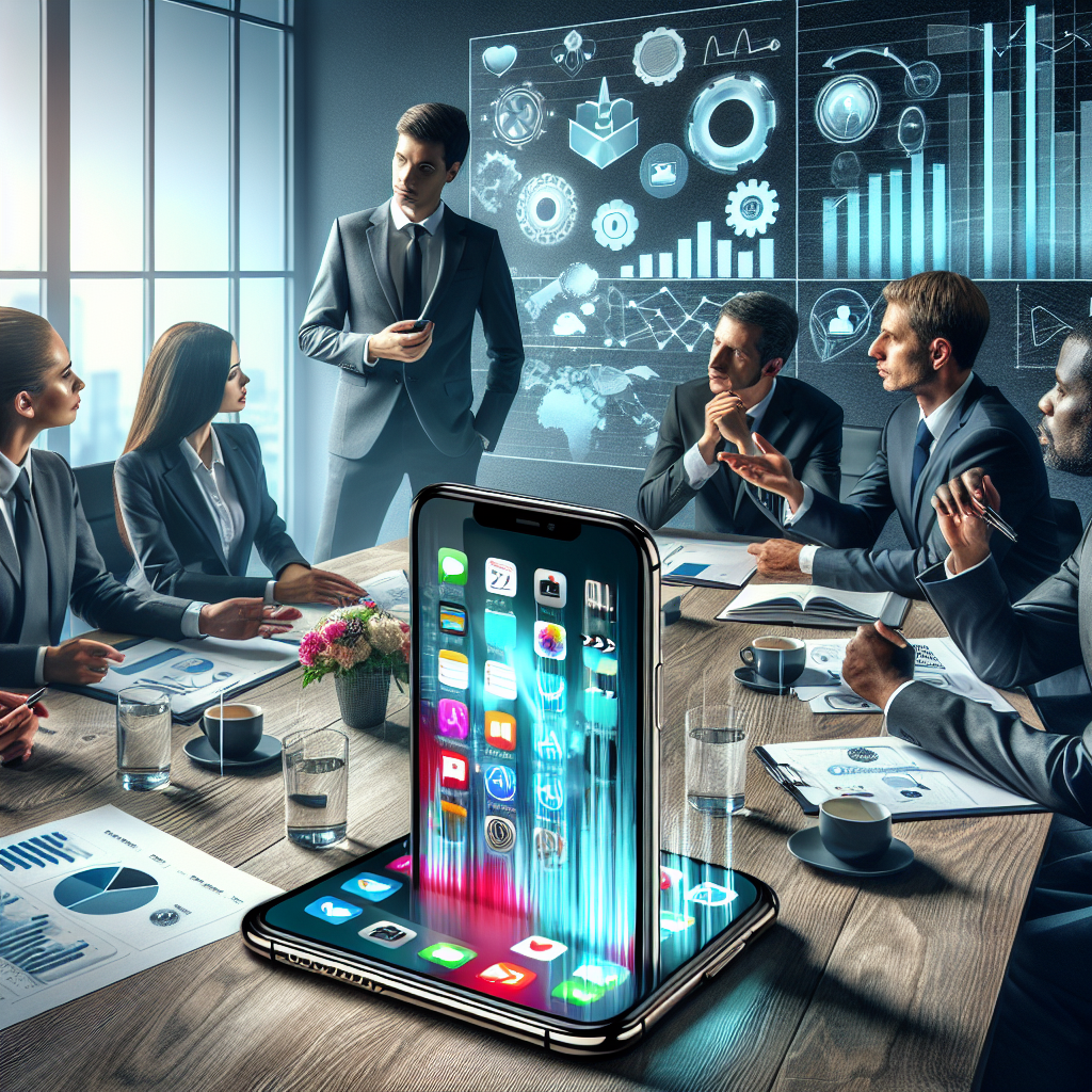 Business professionals discussing iPhone advantages and deals for business in a modern office setting.