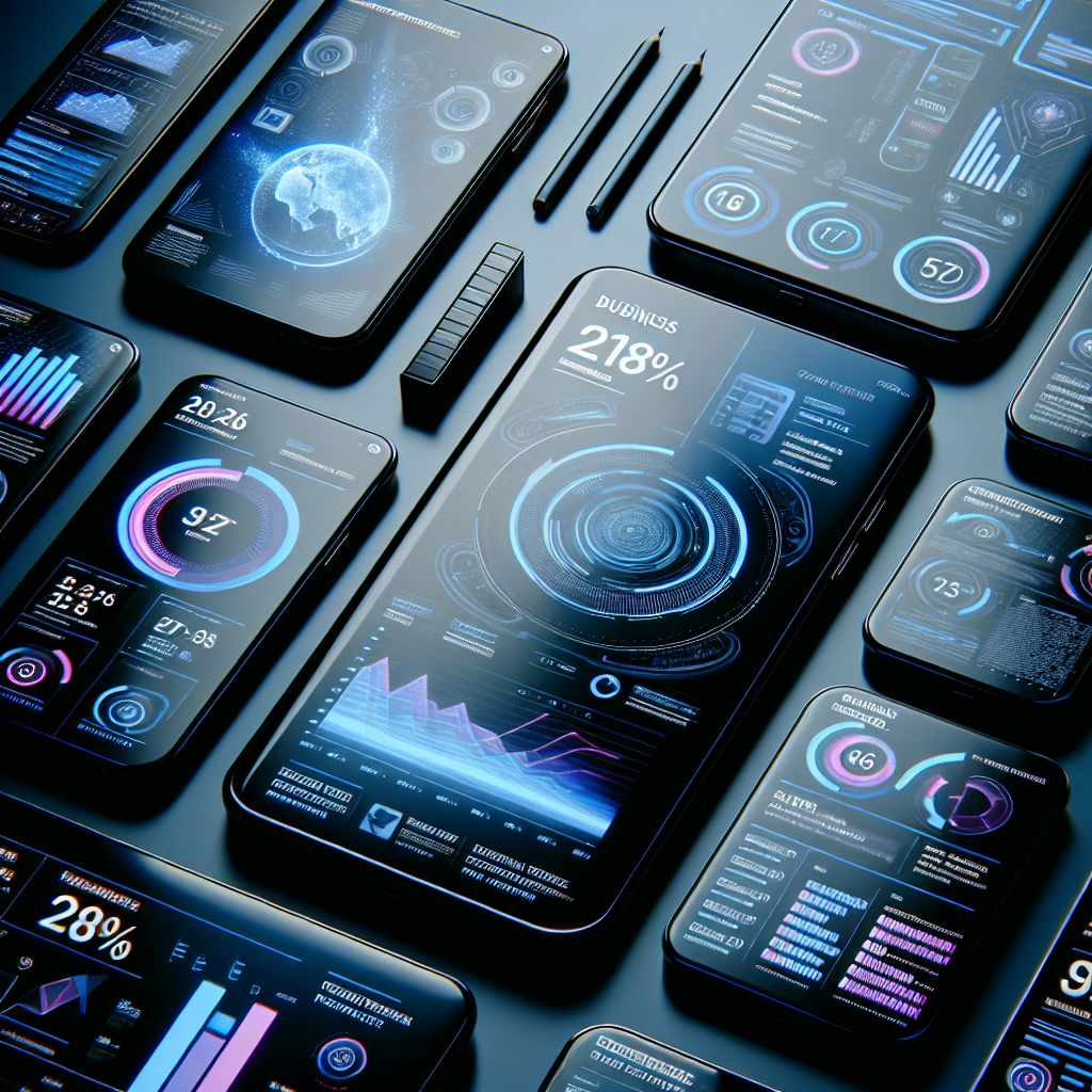Multiple digital devices showing futuristic business analytics and data visualization dashboards.