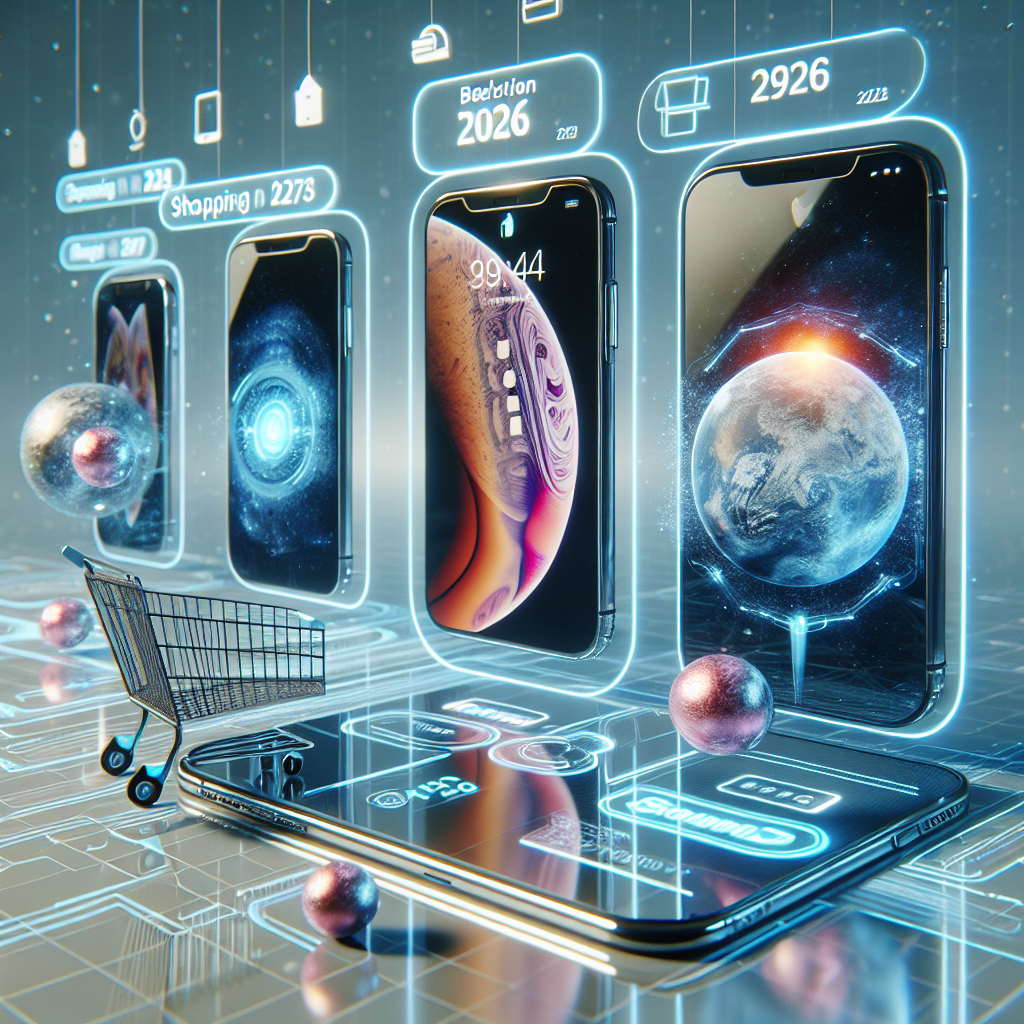 Imagine a future in 2026 where the latest models of iPhone are displayed as the best selection in an online store. Display these futuristic iPhones with advanced features, sleek designs and potentially with hovering descriptions showcasing their advantages. Capture the essence of online shopping with a digital interface, shopping cart icon, and high-tech user-friendly interface. Note that the setting is advanced and has a futuristic aura.