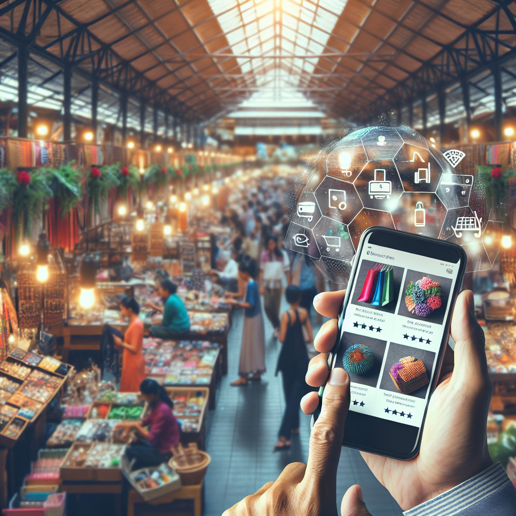 Smartphone showing an online shopping app with a busy indoor market in the background.