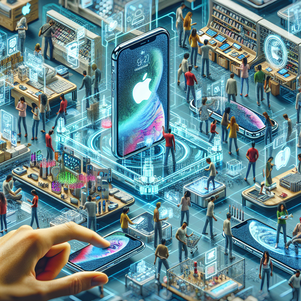 Futuristic digital marketplace with advanced Apple iPhones displayed interactively for 2026 sales and selection.