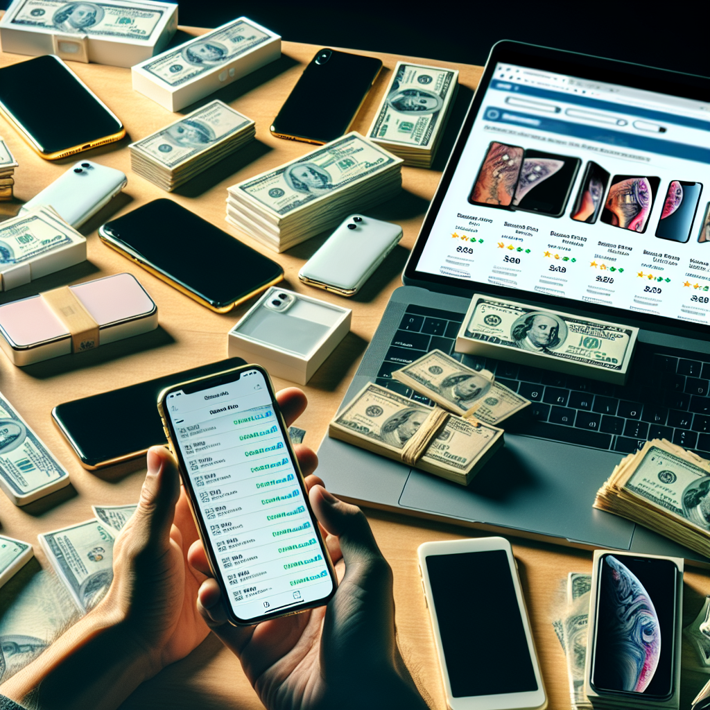 Руки обменивают деньги и iPhone, на фоне экрана с цифровыми объявлениям