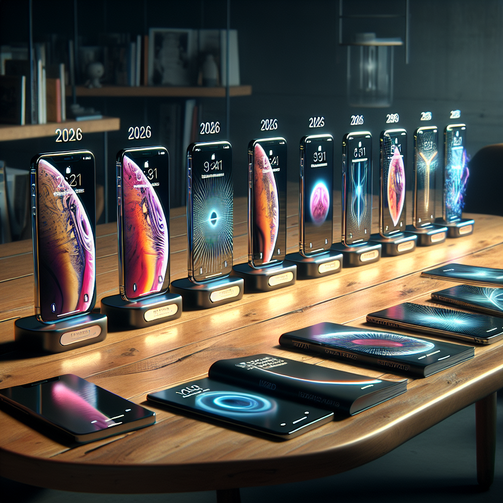 Футуристический дисплей с моделями iPhone 2021–2031, показывающий эволюци