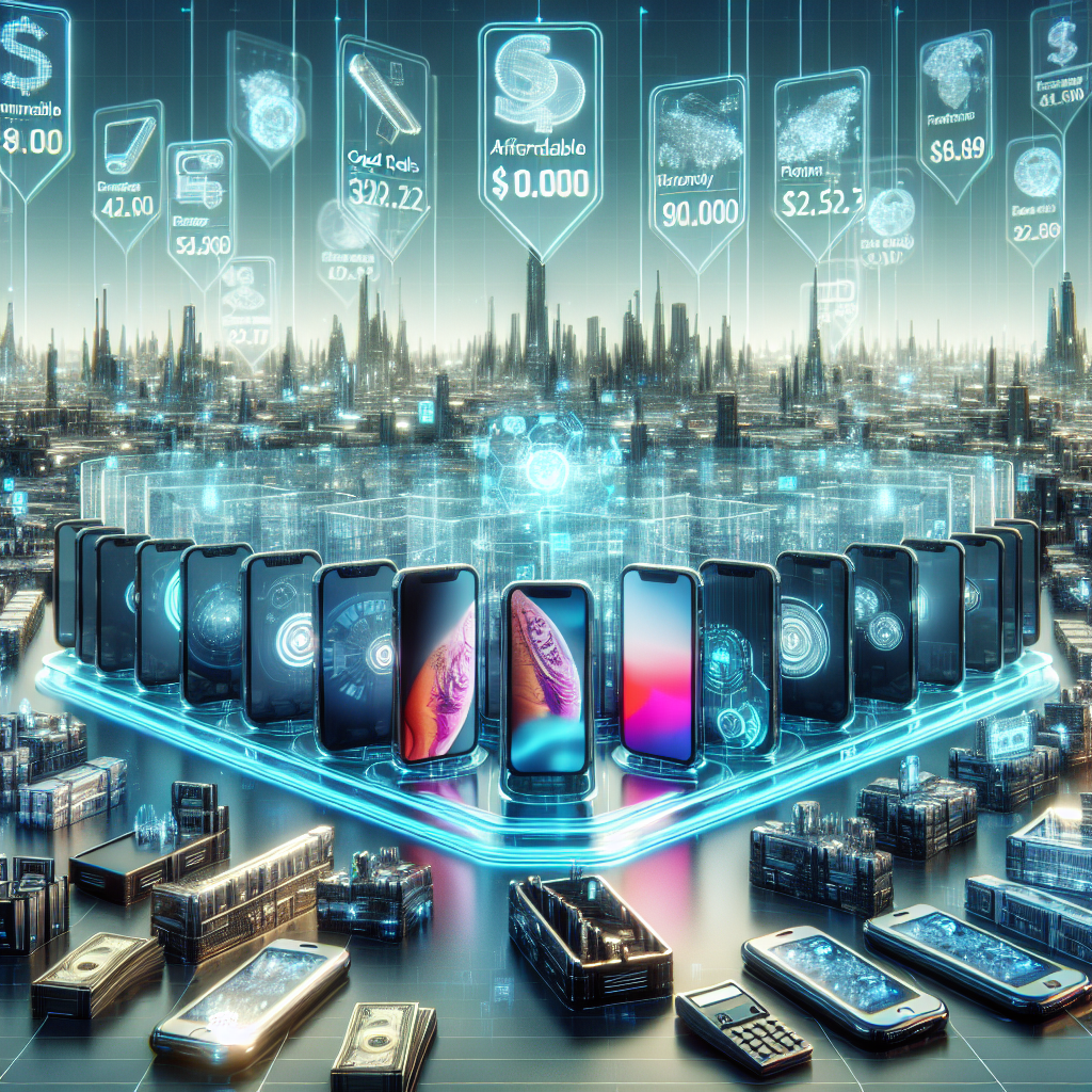 Futuristic digital marketplace displaying smartphones with real-time prices and global connectivity in 2026.