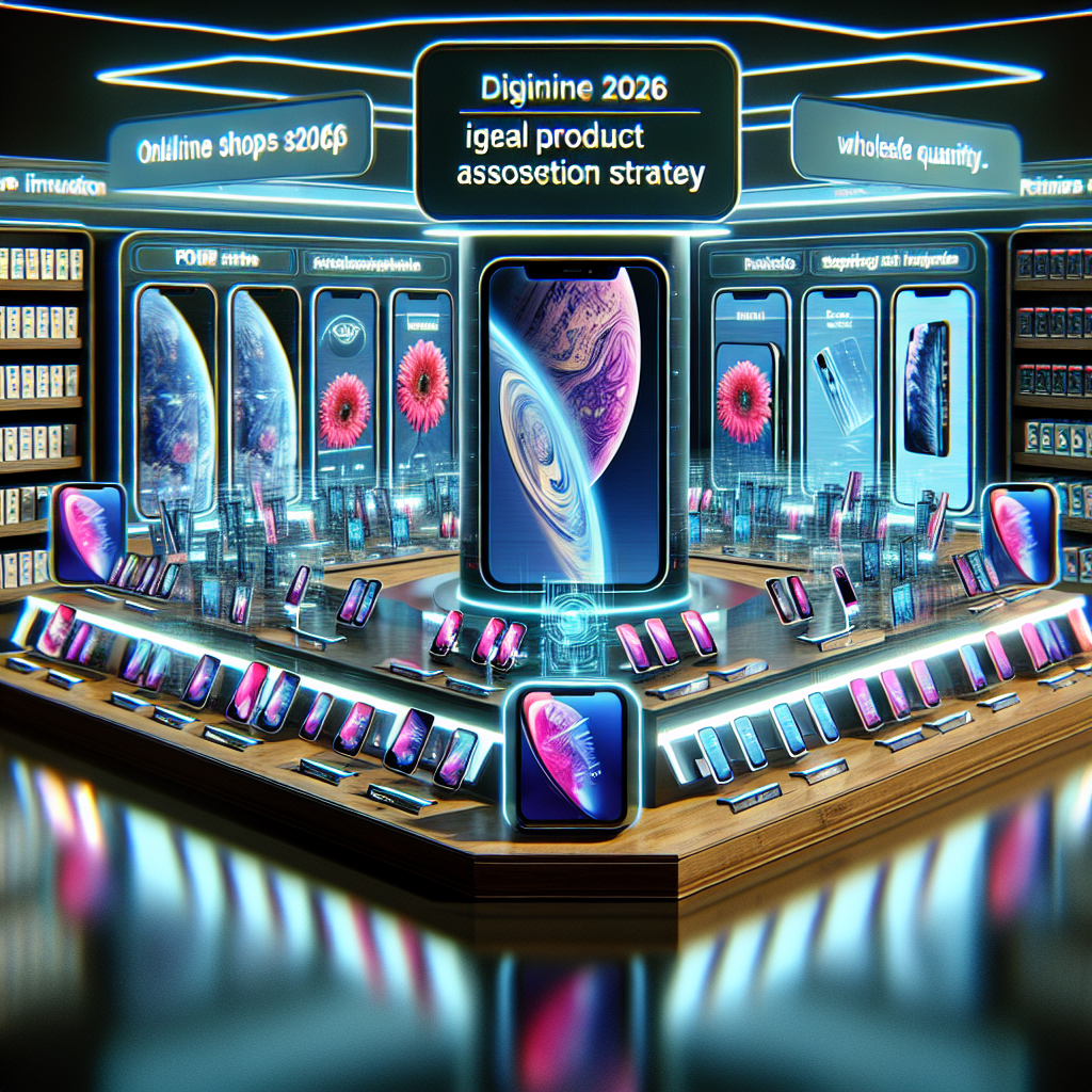 A futuristic view of an online shop display in 2026, brimming with an array of iPhones in wholesale quantity. The display should be well-organized and elaborate, highlighting the latest models with their unique features and futuristic aesthetics. A variety of iPhone models should be portrayed, each encapsulating the cutting-edge technology they offer. Use visual elements such as vibrant screens, sleek design aspects and a high-tech ambiance surrounding the virtual store environment. Please also portray a digital infographic summarizing an ideal product assortment strategy for this scenario.