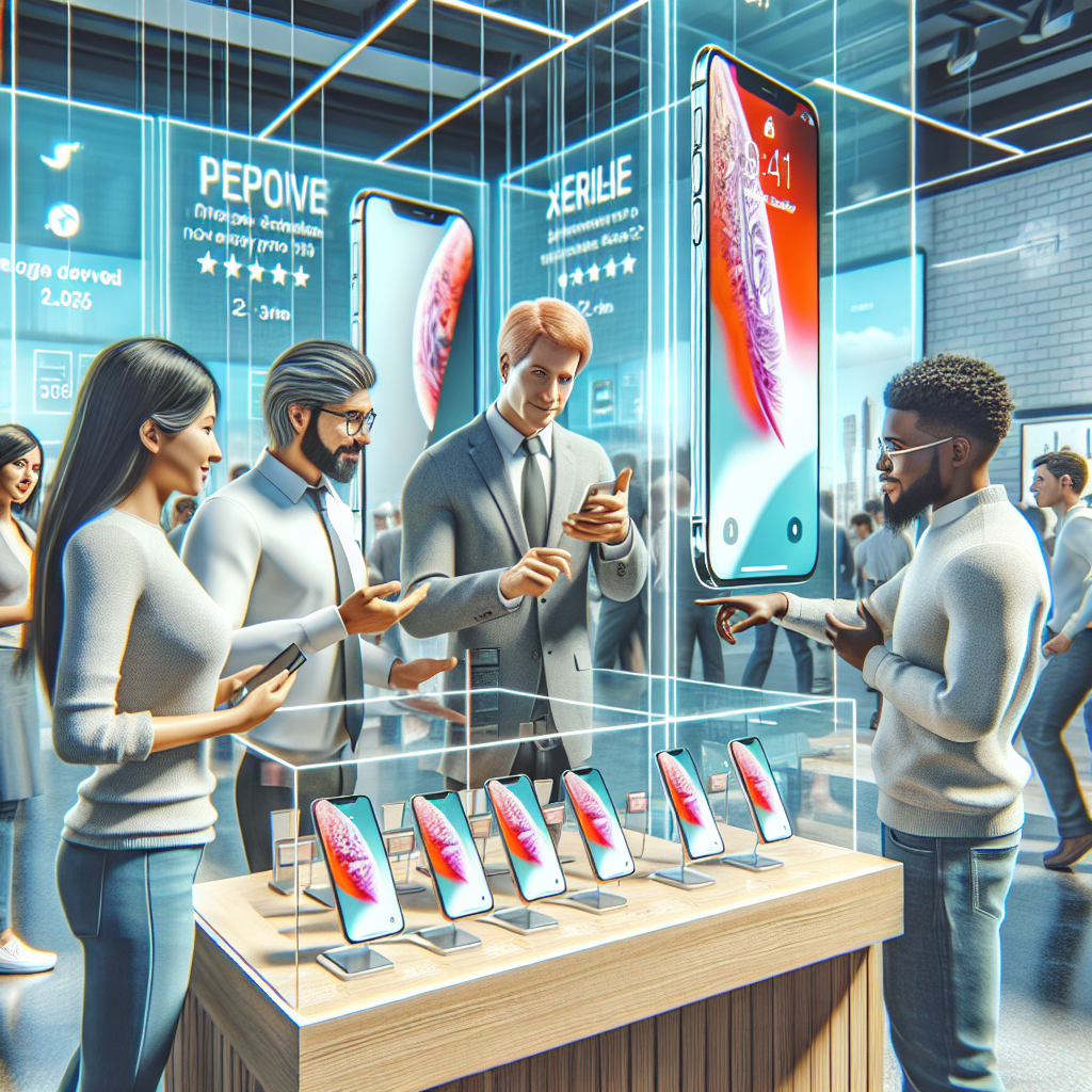 Customers compare and explore the latest iPhones in a modern tech store to boost 2026 sales using reviews.
