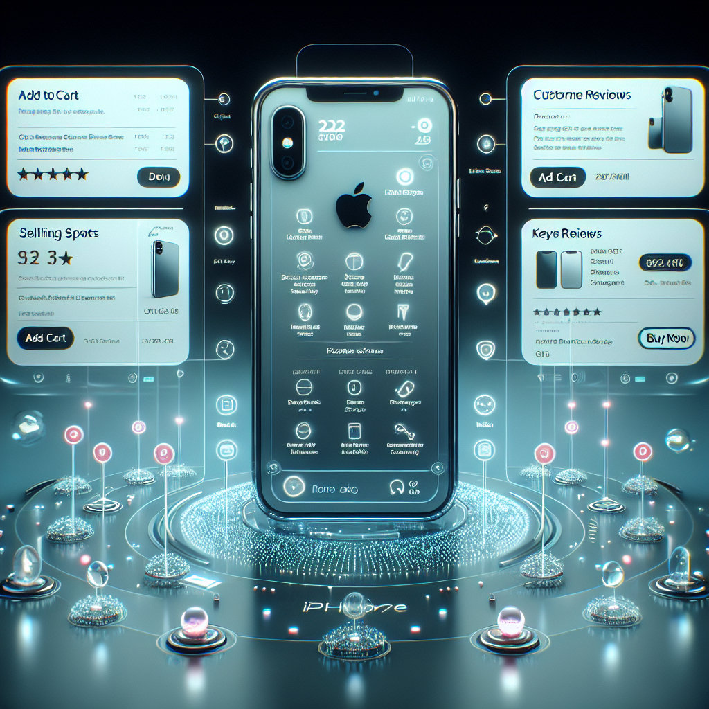 A futuristic concept of an online store interface in 2026. The primary focus is on the product description for an iPhone. Show the iPhone in a minimalist style, clearly visible with all its features and attributes. Surround it with floating bubbles showing detailed specs and key selling points attractively. Include some customer reviews and rating stars. Show the Add to Cart and Buy Now buttons, along with options for color, storage, and model selection. The overall setting should evoke efficiency and attractiveness.