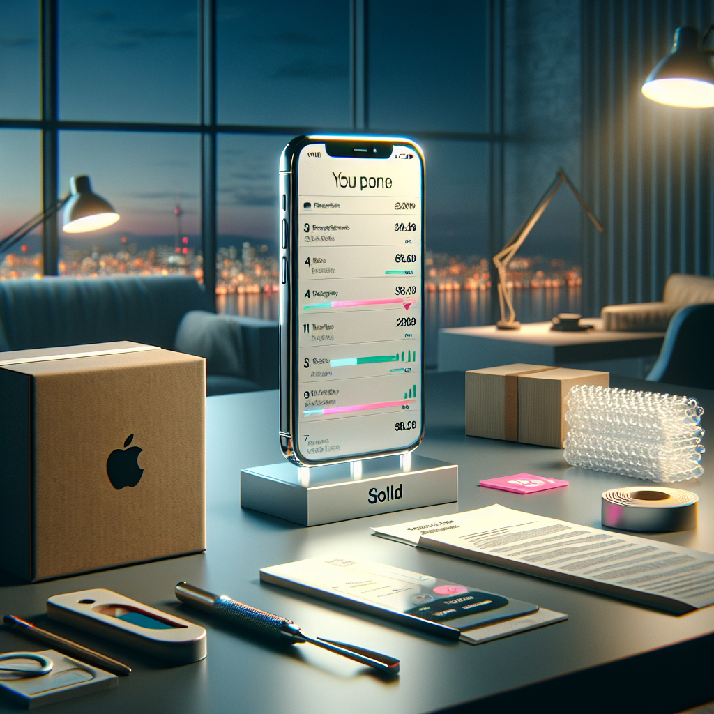 iPhone on desk showing financial data, with Apple box and accessories, illustrating preparing iPhone for profitable resale in