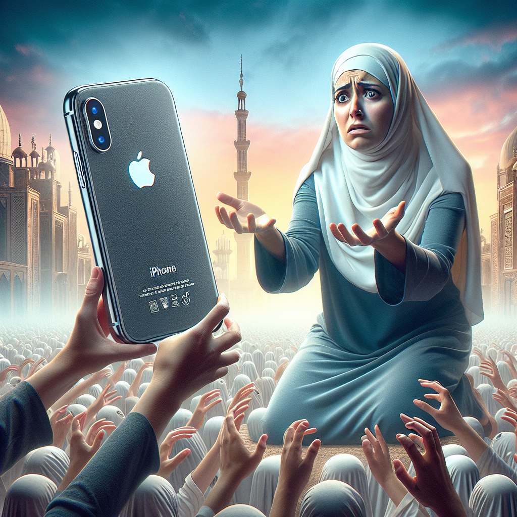 Envision a scene which captures the essence of an iPhone model falling out of demand in the year 2026, leading to a drop in its value. The image should evoke an air of technology and obsolescence, perhaps showcasing an old iPhone model being out-performed by newer technological devices. It may also include an individual expressing disappointment or frustration as they try to sell their obsolete iPhone, only to have its monetary value depreciated. For the person, envision a Middle-Eastern female with a determined expression. Note: the inclusion of brand logos should be subtle and not focal to the image to avoid copyright issues.
