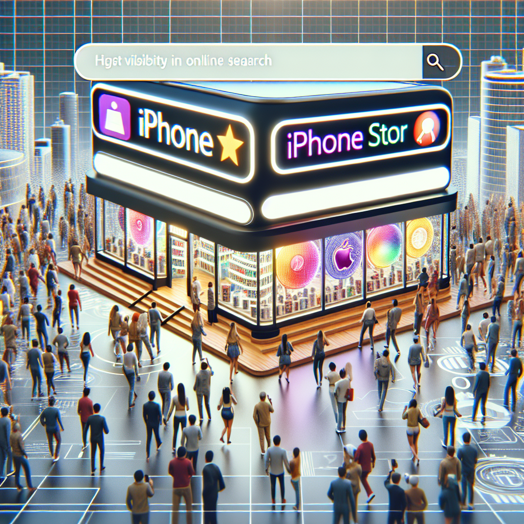 3D illustration of a busy iPhone store in a digital city, emphasizing online search visibility in 2026.