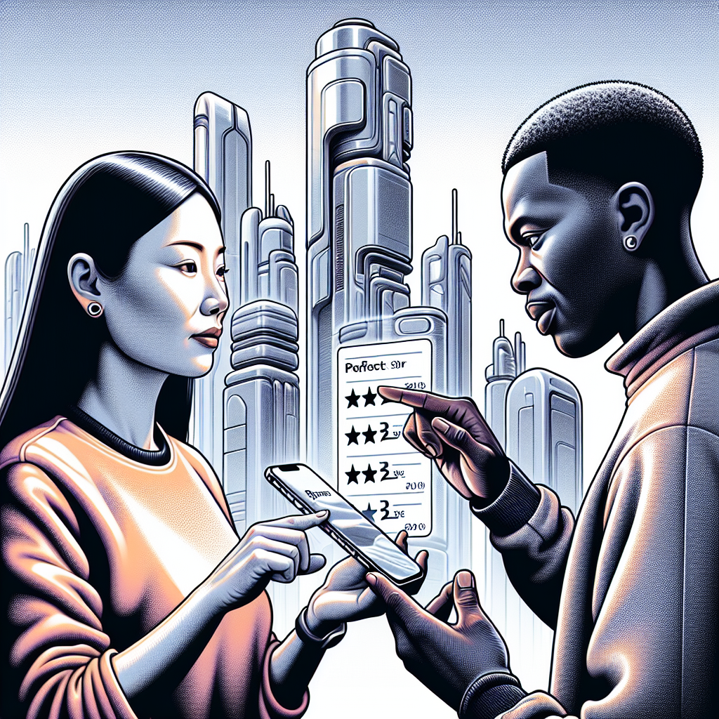 Two people exchanging digital ratings on smartphones in a futuristic cityscape, highlighting the importance of reviews.
