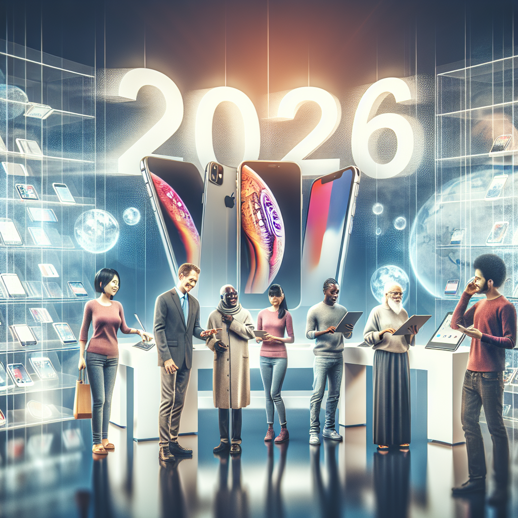 Futuristic 2026 smartphone launch event with diverse people showcasing advanced iPhones for resale.