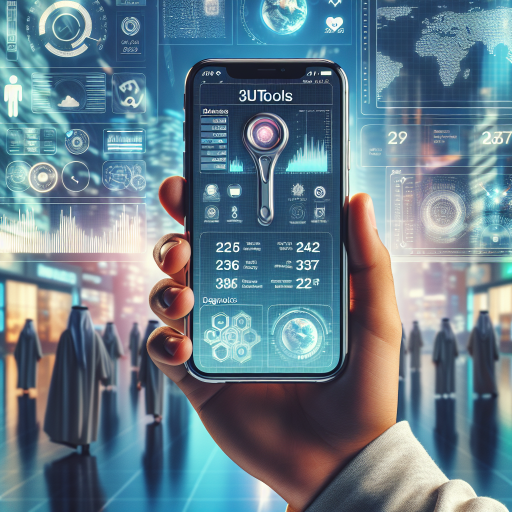 Hand holding iPhone showing 3uTools app with futuristic digital data and global tech visuals in 2026.